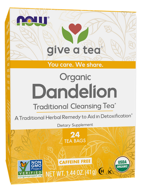 A colorful tea box labeled "Organic Dandelion" features a heart and leaf design, highlighting it as a traditional cleansing tea with 24 caffeine-free tea bags for detoxification.