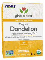 A colorful tea box labeled "Organic Dandelion" features a heart and leaf design, highlighting it as a traditional cleansing tea with 24 caffeine-free tea bags for detoxification.
