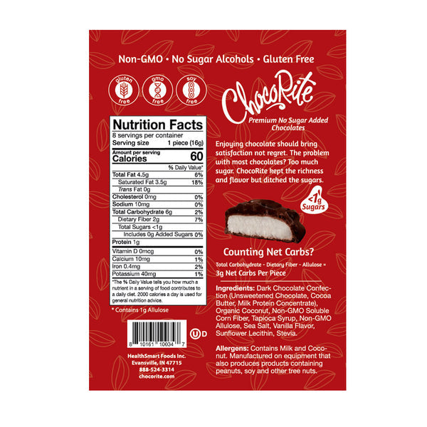 HealthSmart Chocorite Coconut Almond Bars - No Sugar Added, Gluten Free, 16 Pack