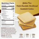 Gluten-free dark chocolate shortbread sandwich cookies are stacked on a golden background, with a nutrition facts label detailing ingredients and health information to the side.