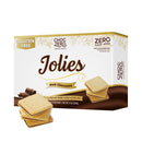 A box of ChocZero Jolies dark chocolate cookies is displayed, featuring a stack of cookies in front, with labels indicating they are gluten-free and contain zero sugar added.