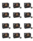 Twelve boxes of decaf coffee pods are arranged in a grid, each box featuring a black design with an orange logo and text indicating "12 Single Serve" and "Decaf Coffee."