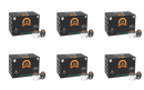 Six boxes of decaf coffee pods are arranged in a grid, each box labeled "Ari's Low Acid Organic Coffee," featuring a dark roast and containing 12 single-serve cups.