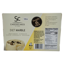 A package of Diet Marble Cheesecakes features a creamy cheesecake design, labeled as a family 6-pack, with nutritional information and ingredients prominently displayed on the back.
