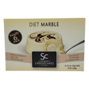A box of Diet Marble Cheesecakes featuring six 2.5-ounce cups, highlighting premium ingredients, low-carb and gluten-free options, with a spoon included for easy serving.