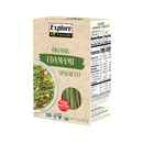 A box of Explore Cuisine Organic Edamame Spaghetti features a plate of cooked spaghetti with vegetables, highlighting its high protein content of 42 grams per serving on the side.