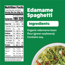 A nutrition label for Edamame Spaghetti displays serving information, calories, and ingredients, including organic edamame bean flour, alongside a bowl of prepared spaghetti garnished with vegetables.
