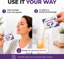 A woman smiles while holding a packet of PreProtein, as another hand pours the contents into a glass of water, illustrating two ways to use the dietary supplement in a bright, modern kitchen setting.