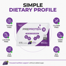 A purple and white pouch of PreProtein Hydrolyzed Liquid Collagen dietary supplement displays key benefits like being sugar-free, gluten-free, and dairy-free, with a grape flavor and 18 grams of protein per serving.