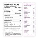 Nutrition facts label displaying serving size, calories, and detailed amino acid content for a protein product, highlighting 17 grams of protein per serving and various essential amino acids.