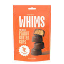 A bright orange package labeled "WHIMS" features stacked dark chocolate peanut butter cups, with one cup showing its creamy filling, and highlights that each contains only 1 gram of sugar.