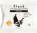 A white snack bag labeled "flock" contains chicken skin crisps, featuring a black and white chicken graphic, with nutritional information including 13g protein, 0g total carbs, and 0g sugar.
