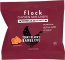 A maroon bag of Flock Chicken Skin Crisps, labeled "Barbecue Seasoned," features a crispy piece of chicken skin and highlights nutritional information, including 13g protein and less than 1g sugar per serving.