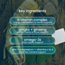 PatchAid Focus + Clarity Patches. Key ingredients: B vitamins, zinc, magnesium, omega-3s, ginkgo biloba, ginseng and 5-HTP. 