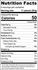 A nutrition facts label displays information for a product, including serving size, calories, and nutrient content such as fat, carbohydrates, and protein, highlighting dietary fiber and sugars.