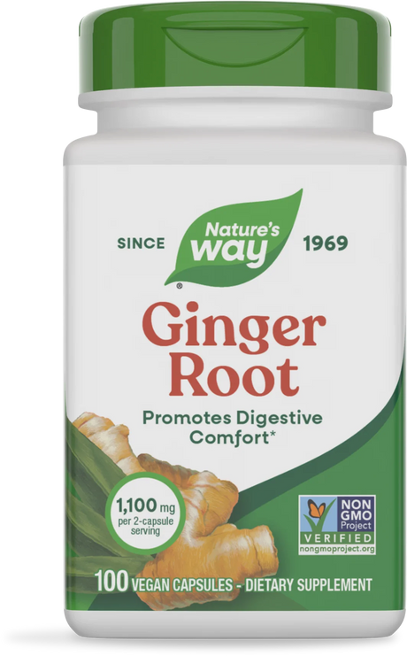 A white bottle labeled "Nature's Way Ginger Root" contains 100 vegan capsules, highlighting benefits for digestive comfort, with a green cap and a non-GMO project verification logo.