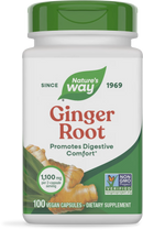 A white bottle labeled "Nature's Way Ginger Root" contains 100 vegan capsules, highlighting benefits for digestive comfort, with a green cap and a non-GMO project verification logo.