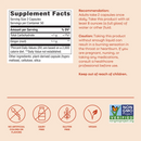 Supplement facts label for a dietary supplement, detailing serving size, ingredients like ginger root, and usage recommendations, with cautionary notes and dietary certifications at the bottom.