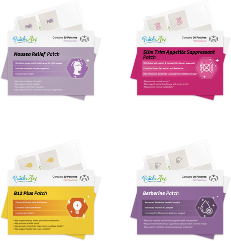 Four product patches are displayed, each labeled with their benefits: Nausea Relief, Slim Trim Appetite Suppressant, B12 Plus, and Berberine, all designed to support various health needs.