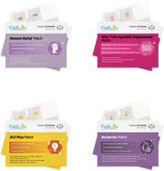 Four product patches are displayed, each labeled with their benefits: Nausea Relief, Slim Trim Appetite Suppressant, B12 Plus, and Berberine, all designed to support various health needs.