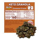 A pile of keto granola featuring pumpkin seeds and nuts is shown alongside its packaging, which highlights the cinnamon crunch flavor and nutritional information, including low carb content.