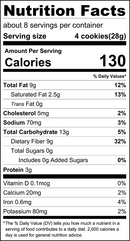 A nutrition facts label displays detailed information about a product, including serving size, calories, and various nutrient values per serving, indicating about 8 servings per container.