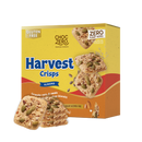 A box of ChocZero Harvest Crisps Almond cookies, featuring crunchy nut and seed biscuits, is displayed alongside three cookies, highlighting that they are gluten-free and contain no added sugar.