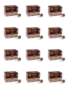 A grid of hazelnut-flavored coffee pods and their packaging, featuring a brown box labeled "Hazelnut" with images of hazelnuts, showcasing a total of 12 single-serve cups.