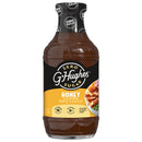 A bottle of G. Hughes Zero Sugar Honey Flavored BBQ Sauce, featuring a dark brown liquid and a label indicating it's gluten and dairy-free, with nutritional information highlighted.