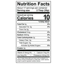A nutrition facts label displays serving size, calories, and nutrient information, indicating 17 servings per container with details on fats, carbohydrates, sugars, and vitamins.