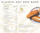 Nutrition facts for classic hot dog buns are displayed, showing serving size, calories, and ingredients, with three buns arranged on a plate against a light background.