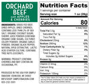 Nutrition facts label for "Orchard Beef with Apples & Cherries," listing ingredients, serving size, calories, and nutrient details, including fats, protein, and vitamins.