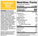 Nutrition facts label for Teriyaki Beef with Pineapples, detailing ingredients, serving size, calories, and nutrient content, including fats, carbohydrates, protein, and vitamins.