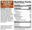 Nutrition facts label for "Black Bean Chicken with Red Bell Peppers & Salsa," detailing ingredients, serving size, and nutritional information per serving, including calories and protein content.