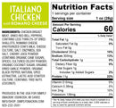 Nutrition facts label for "Italiano Chicken with Romano Cheese," detailing ingredients, serving size, and nutritional information including calories, fats, cholesterol, sodium, and protein content.