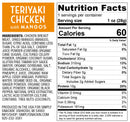 Nutrition facts label for Teriyaki Chicken with Mangos, detailing ingredients and nutritional information including calories, fat, protein, and vitamins per serving size of 1 ounce.