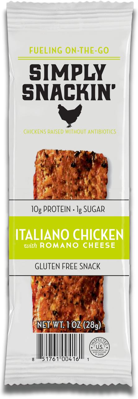 A package of Simply Snackin' Italiano Chicken with Romano Cheese, featuring a protein-rich snack bar, highlights its gluten-free and antibiotic-free attributes, with a clear barcode at the bottom.