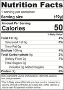 A nutrition facts label displays serving size, calories, and nutrient values, including total fat, sodium, carbohydrates, fiber, sugars, and protein for a food product.