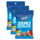 Three packages of Jolly Rancher Zero Sugar hard candy are displayed, featuring a bright blue background and images of apple, raspberry, grape, and watermelon flavors, each weighing 3.6 ounces.