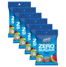 Six bags of Jolly Rancher Zero Sugar hard candy are displayed, each featuring a blue background with fruit images and text indicating zero sugar and original flavors.