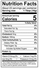 A nutrition facts label displays serving size, calories, and nutrient content, including total fat, sodium, carbohydrates, and vitamins, indicating a product with low calories and minimal nutrients.