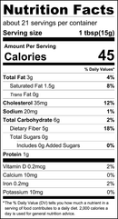 A nutrition facts label displays serving size, calorie count, and detailed breakdown of nutrients including fats, cholesterol, sodium, carbohydrates, and protein, indicating a total of 21 servings per container.