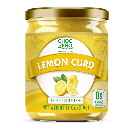 A jar of ChocZero lemon curd features a bright yellow label with images of lemons, highlighting that it is keto-friendly and gluten-free, and contains no added sugar.