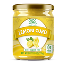 A jar of ChocZero lemon curd features a bright yellow label with images of lemons, highlighting that it is keto-friendly and gluten-free, and contains no added sugar.