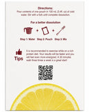 Instructions for mixing a dietary supplement are displayed on a package, featuring a sliced lemon at the bottom, with tips for exercise and a QR code for additional information.