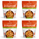 Four bags of ASHAPOPS popped water lily seeds are displayed, each featuring a vibrant orange and green design, labeled "Chili," highlighting the snack's crunchy texture and low calorie count.