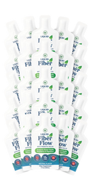 A stack of liquid fiber supplement bottles labeled "Liquid Fiber Flow" with prebiotic inulin, designed to support bowel health and digestion, featuring a neutral flavor and a clean, white design.