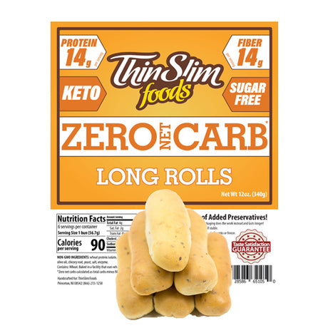 A package of Thin Slim Foods Zero Net Carb Long Rolls, featuring a stack of rolls in front of a bright orange label highlighting its keto, sugar-free, and high-protein benefits.