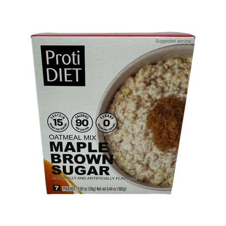 A box of ProtiDIET Maple Brown Sugar oatmeal mix features a bowl of oatmeal topped with brown sugar, highlighting nutritional information such as 15 grams of protein and 90 calories per serving.