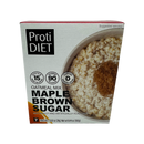 A box of ProtiDIET Maple Brown Sugar oatmeal mix features a bowl of oatmeal topped with brown sugar, highlighting nutritional information such as 15 grams of protein and 90 calories per serving.